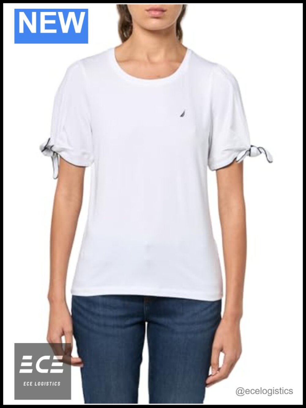 Nautica Women's Short Sleeve Cotton Solid T-Shirt with Sleeve Ties